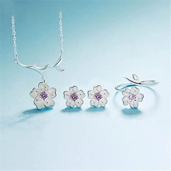 925 Sterling Silver Jewelry Sets Romantic Cherry Blossoms Flower - Picture 4 of 6